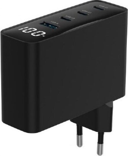 Gembird Charger Without Cable GaN with USB-A Port and 3 USB-C Ports 100W Power Delivery Blacks (TA-UC-PDQC100LCD-01-BK)