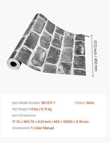 Vevor Αυτοκόλλητη Ταπετσαρία 45cm X 10m Γκρι Τουβλάκι Αδιάβροχη Υπνοδωμάτιο Bzccbzjkd40453kqp001v0