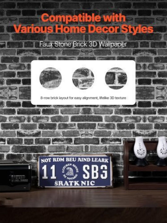 Vevor Self-Adhesive Wallpaper 45cm X 10m Gray Brick Waterproof Bedroom Bzccbzjkd40453kqp001v0