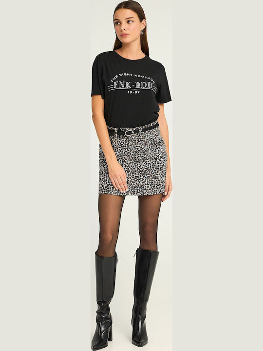 Denim Mini Skirt Leopard Tabac Brown