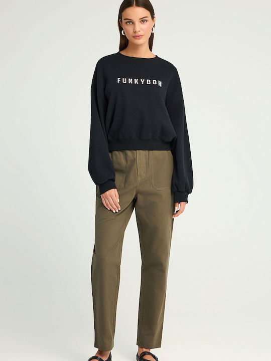 Women's High-waisted Fabric Trousers with Elastic Loose Fit Dusty Olive Green