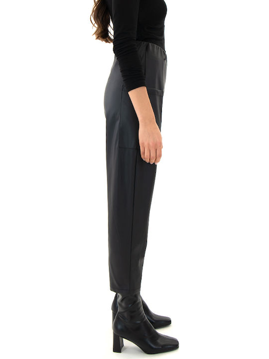 Faux Damen Hoch tailliert Stoff Hose mit Gummizug Black