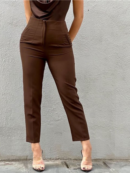 Women's High-waisted Fabric Trousers Brown