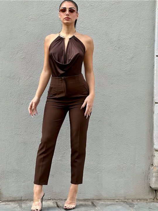Women's High-waisted Fabric Trousers Brown