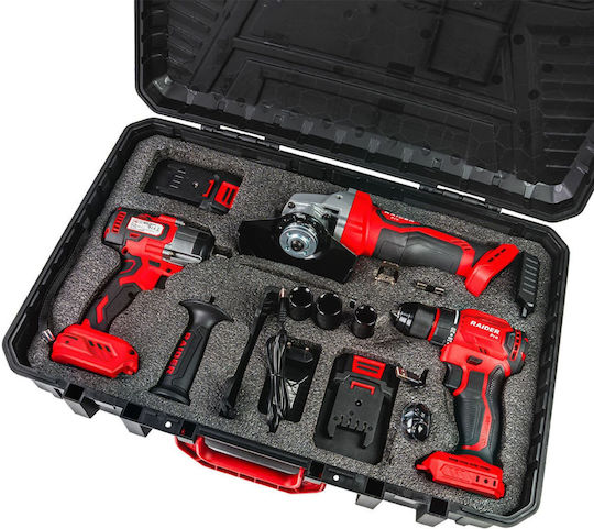 Raider 030255 Set Angle Wheel & Drill Driver & Impact Driver 20V with 2 Batteries 2Ah and Case