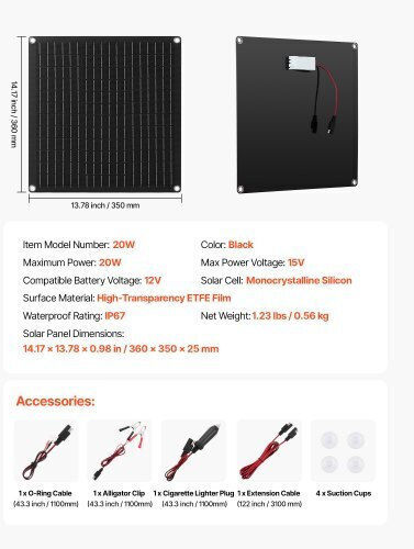 Vevor Solar Panel Charger 20W (RXBXLDJG20WN6ZBWP001Y3)