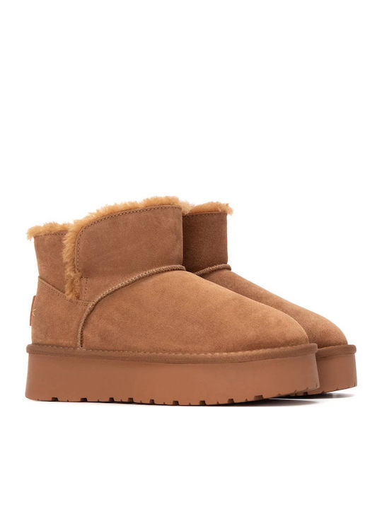 Leather Women's Ankle Boots with Fur Tabac Brown