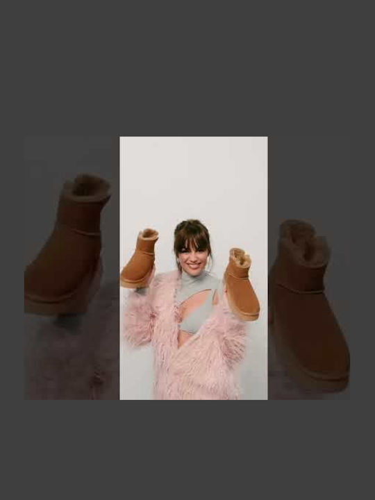 Leather Women's Ankle Boots with Fur Tabac Brown