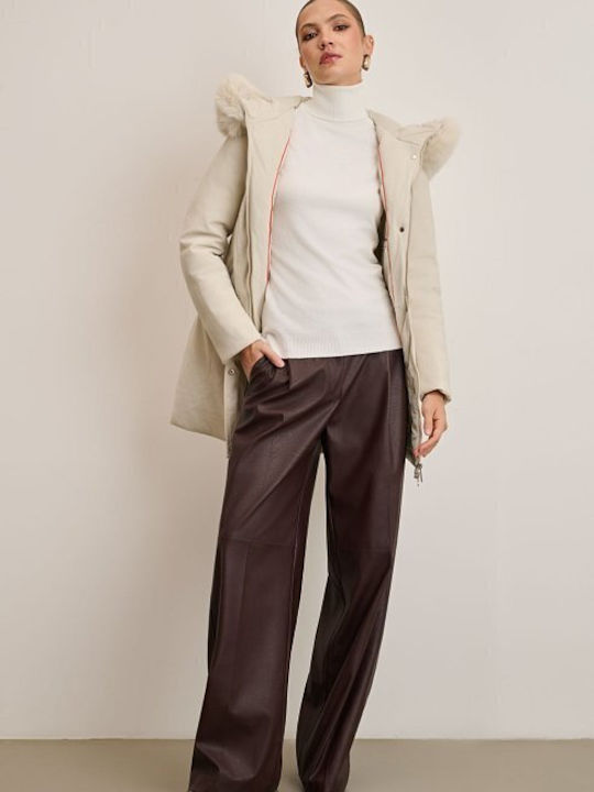 Women's Long Parka Jacket for Winter with Hood Ecru