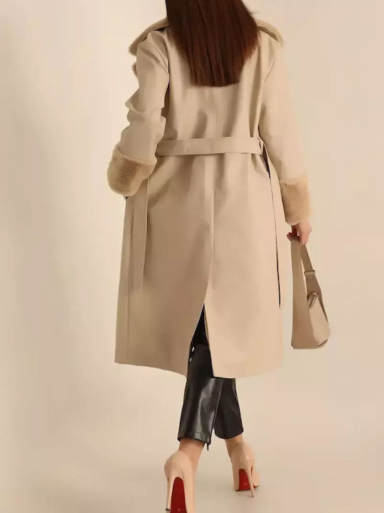 Leder Damen Black Mantel mit Fellbesatz