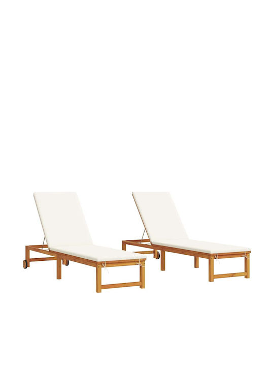 Liegestuhl Hölzernes mit Kissen & Rädern Beige 2Stück 202x53x89cm.