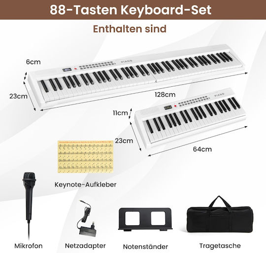 Costway Synthesizer MU10117DE-WH with 88 Dynamic Keys with Stand White