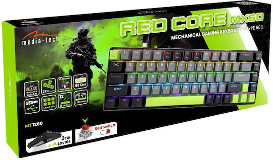 Media-Tech Red Core MX60 Gaming Mechanical Keyboard 60% with Cherry MX Red switches and RGB lighting (International English) Green/Grey/Black