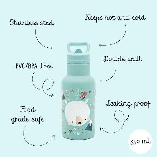 Sassi Junior Stainless Steel Kids Water Bottle Unicorns with Straw Grey 350ml