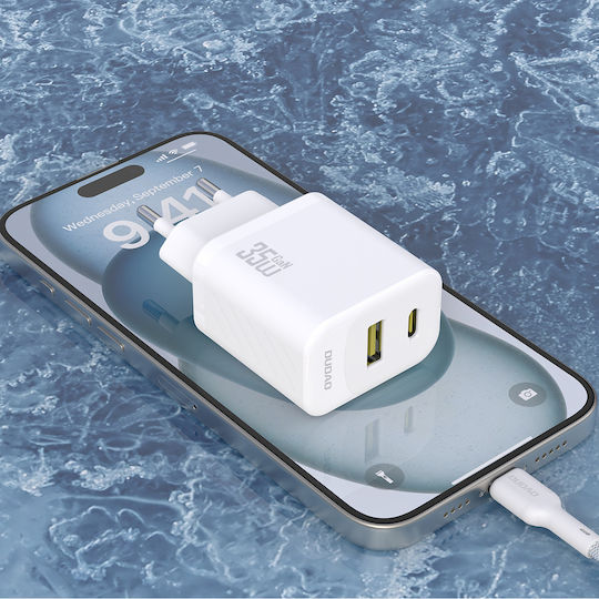 Dudao GaN с USB-A порт и USB-C порт и кабел USB-C - USB-C 35W Power Delivery Бял (A27 MaxC)
