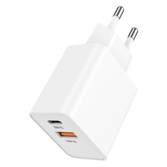 iNOS Charger with USB-A Port and USB-C Port and Cable USB-C - Lightning 20W Power Delivery / Quick Charge 3.0 Whites
