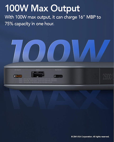 ZMI Qb826g Power Bank 25000mAh με Θύρα USB-A και 2 Θύρες USB-C Power Delivery / Quick Charge 3.0 Γκρι