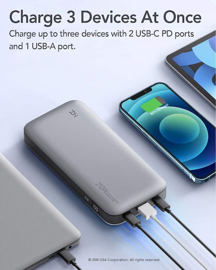 ZMI Qb826g Power Bank 25000mAh με Θύρα USB-A και 2 Θύρες USB-C Power Delivery / Quick Charge 3.0 Γκρι