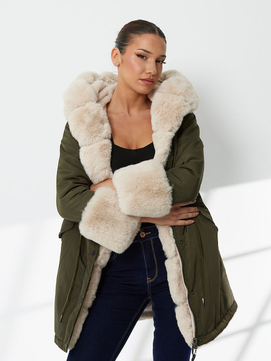 Women's Khaki Coat with Fur Details