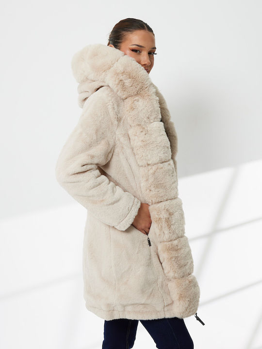 Women's Khaki Coat with Fur Details