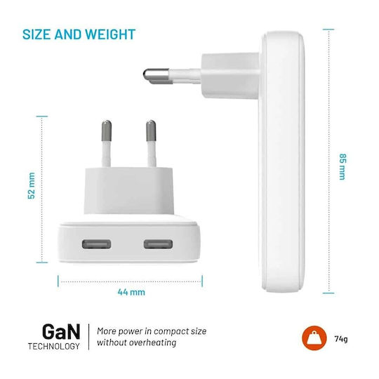 Fixed Φορτιστής Χωρίς Καλώδιο GaN με 2 Θύρες USB-C 45W Power Delivery Λευκός