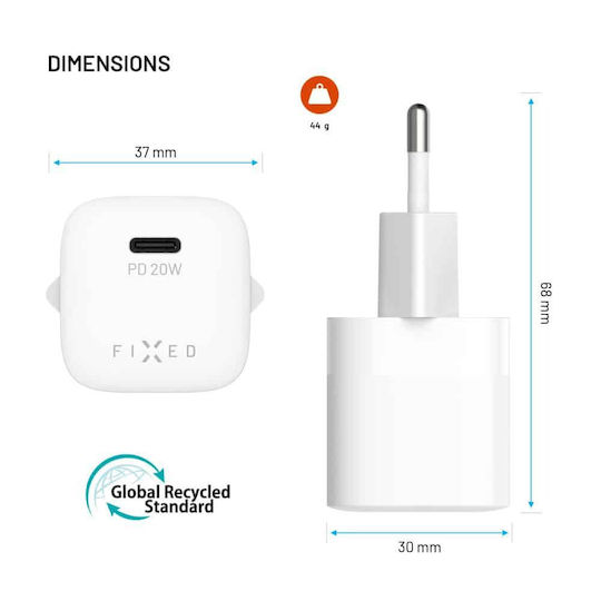 Fixed Ladegerät mit USB-C Anschluss und Kabel USB-C - USB-C 20W Stromlieferung Weißs (Mini)