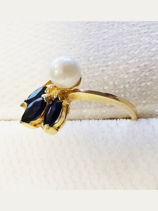18K Gold Ring with Sapphires and Pearl US 6 3/4 or EU 54