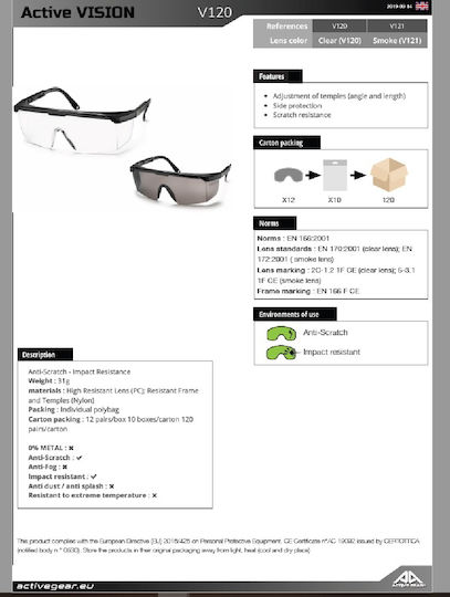 Active Gear Safety Glasses for Protection with Gray Lenses Tinted 1pcs