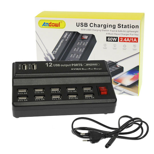 Andowl Βάση Φόρτισης με 10 Θύρες USB-A 60W σε Μαύρο χρώμα (Q-CD10P)