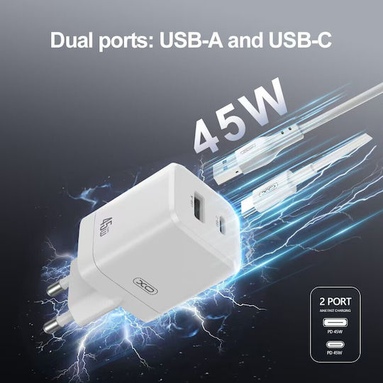 XO GaN с USB-A порт и USB-C порт и кабел USB-C - USB-C 45W Power Delivery / Quick Charge 3.0 Бял (CE36)