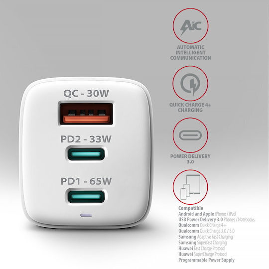 Axagon Φορτιστής Χωρίς Καλώδιο GaN 65W Power Delivery / Quick Charge 3.0 Λευκός (ACU-DPQ65W)