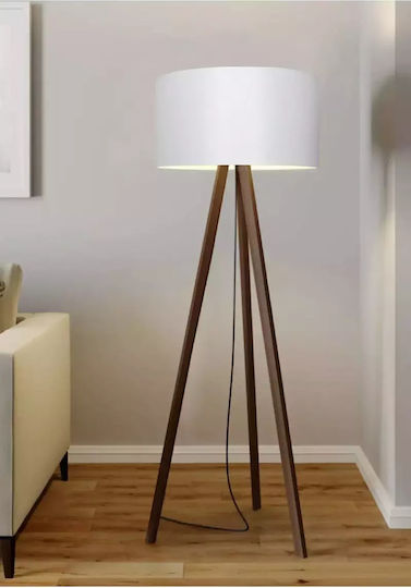 Lampadar De Podea Tripod MDF Lemn Abajur Din Țesătură E27