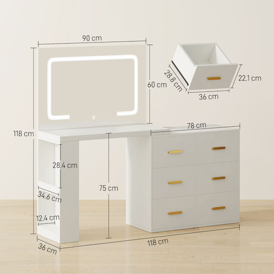 Floor-standing Bedroom Makeup Dressing Table Wooden White with Mirror 118x78x135cm