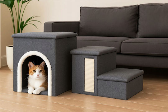 Căsuță Multifuncțională Pentru Pisici 3 Nivele Zola Pat Moale Panou De Scratching Din Sisal Jucărie Suspendată Pliabilă 76 X 42 X 33 Cm Gri