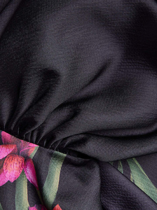 Midi Evening Satin Dress with Ruffles Black