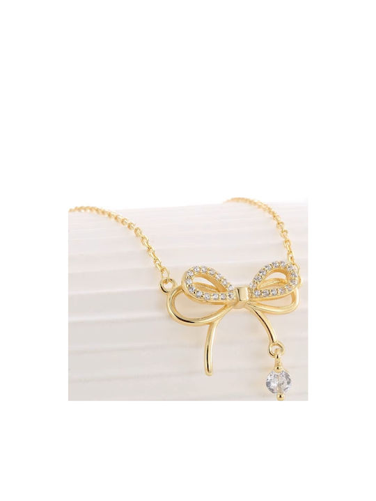 By Queen Γυναικείο Κολιέ Διπλός Φιόγκος S925 Gold Plated Ζιργκόν