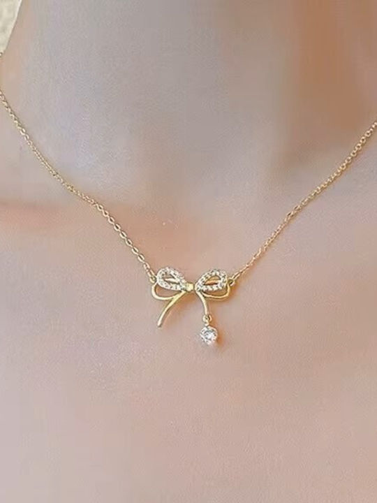 By Queen Γυναικείο Κολιέ Διπλός Φιόγκος S925 Gold Plated Ζιργκόν