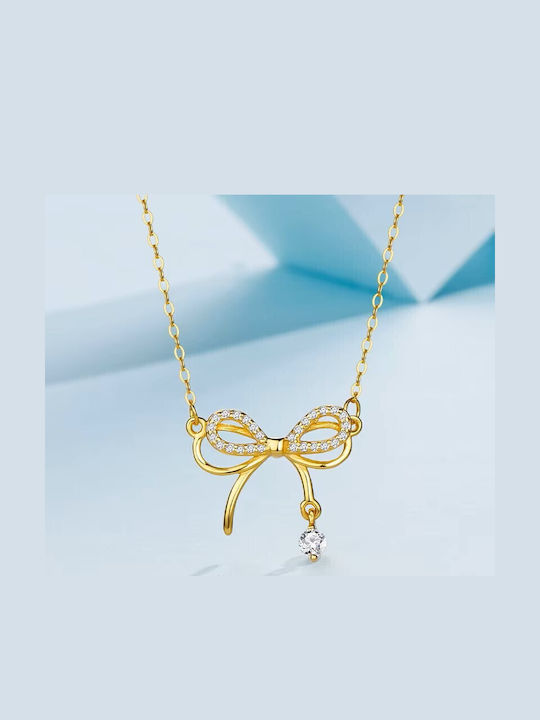 By Queen Γυναικείο Κολιέ Διπλός Φιόγκος S925 Gold Plated Ζιργκόν
