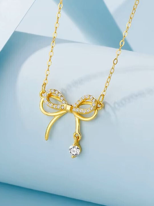 By Queen Γυναικείο Κολιέ Διπλός Φιόγκος S925 Gold Plated Ζιργκόν