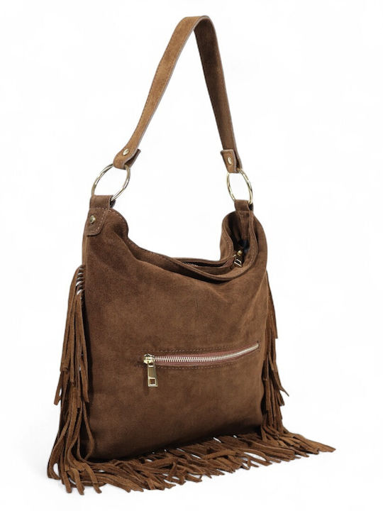 Suede Leather Women's Shoulder Bag with Fringes Brown