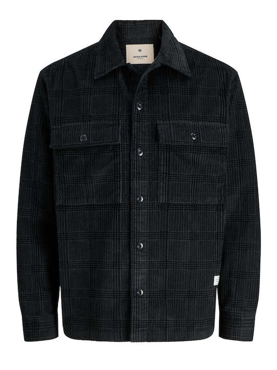 Mânecă Lungă Catifea Raiată Overshirt Carou Negru