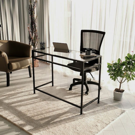 Birou Network Calisma Masasi Sticlă Negru Cu Picioare Metalice 100x45x75cm