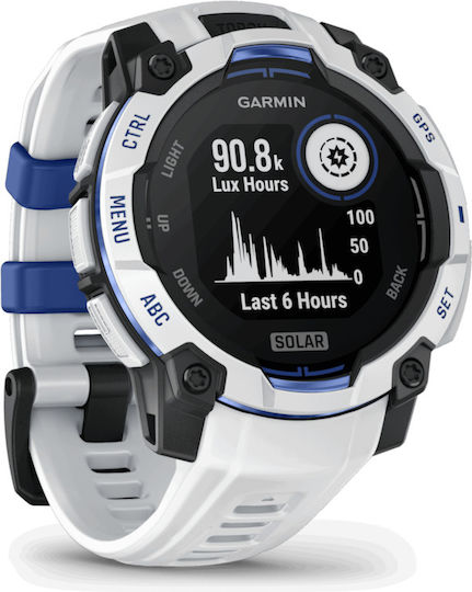 Garmin Instinct 3 Solar Aluminium 45mm Αδιάβροχο Smartwatch με Παλμογράφο (Whitestone and Blue Limited Edition)