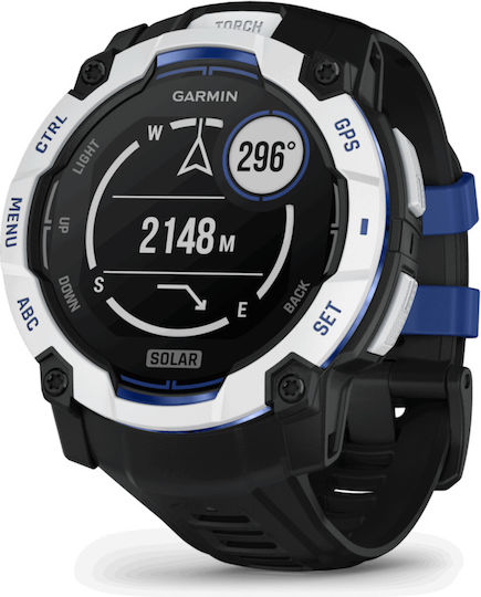 Garmin Instinct 3 Solar Aluminium 50mm Waterproof Smartwatch with Heart Rate Monitor (Whitestone with Black and Blue Limited Edition)