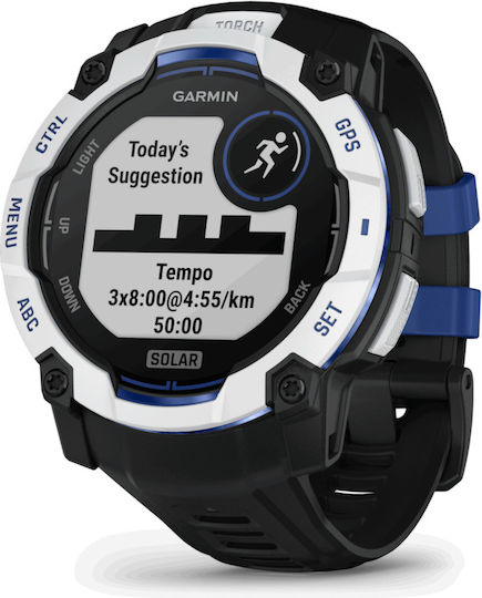 Garmin Instinct 3 Solar Aluminium 50mm Waterproof Smartwatch with Heart Rate Monitor (Whitestone with Black and Blue Limited Edition)