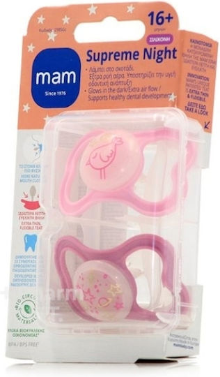 Mam Supreme Schnuller Silikon Nacht Rosa Vogel / Sterne für 16+ Monate 2Stück