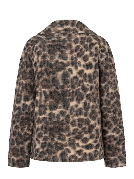Wool Women's Leopard Brown Half Coat with Buttons