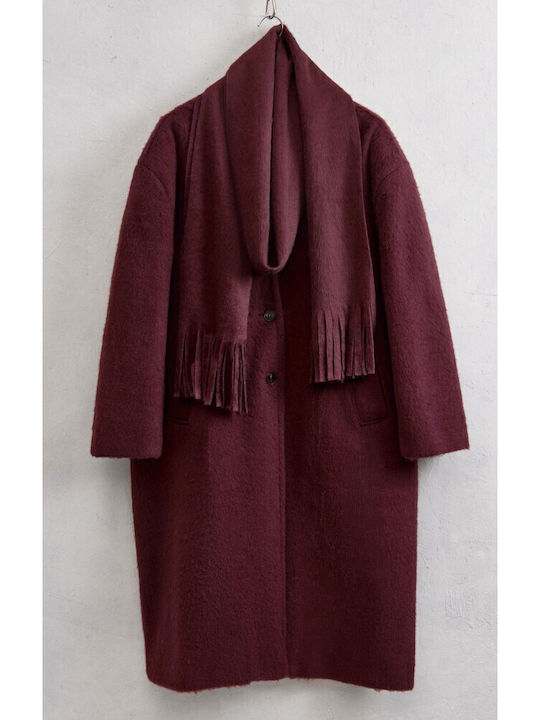 Γυναικείο Bordeaux Παλτό Oversized με Κουμπιά