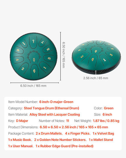 Vevor Steel Tongue Drum 11 Notes 16.5cm