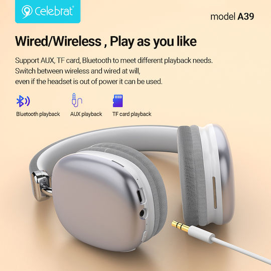 Celebrat A39 Wireless / Wired Over Ear Headphones with 20 hours of Operation White